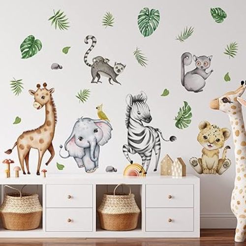 Watercolor Jungle Animal Wall Decals Forest Animal Wall Sticker Safari Elephant Tiger Giraffe Wall Decals for Baby Nursery Playroom Bedroom Classroom Kindergarten Wall Decor