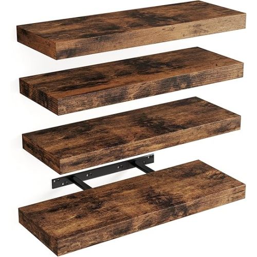 Fixwal 15.8in Floating Shelves, Rustic Wood Finish Wall Shelves Set of 4, Shelves for Wall Decor, with Invisible Brackets for Bathroom, Living Room,Bedroom and Kitchen(Rustic Brown)