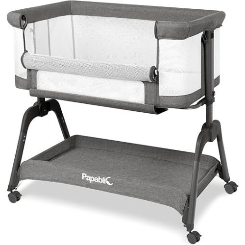Papablic Baby Bassinet, Bedside Bassinet for Baby with Four-Sided Breathable Mesh & Soft Mattress, Adjustable Bedside Sleeper with Storage Basket and Wheels, Easy to Assemble, Grey