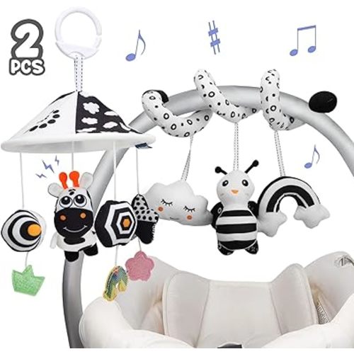 TOY Life 2 Pack Hanging Baby Toys 0-6 Months, Car Seat Spiral Toys for Babies 0-6 Months, Crib Toys Hanging Newborn Toys Black and White Hanging Stroller Activity Toy for Babies, Infant Carseat Toys
