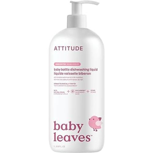 ATTITUDE Baby Dish Soap and Bottle Cleaner, EWG Verified Dishwashing Liquid, No Added Dyes or Fragrances, Tough on Milk Residue and Grease, Vegan, Unscented, 33.8 Fl Oz
