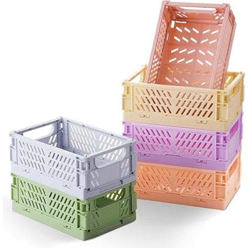 6-Pack Small Pastel Plastic Storage Baskets, Collapsible Crates for Organizing, Space-Saving Mini Bins for Classroom, Kitchen, Office, Bedroom (5.8" x 3.8" x 2.2")
