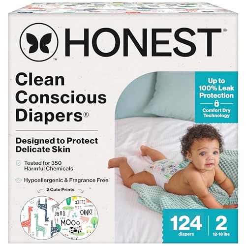 The Honest Company Clean Conscious Diapers for Delicate Skin | Up to 100% Leakproof | Hypoallergenic, Fragrance Free | Gender Neutral | Super Club Box, Size 2 (12-18 lbs), 124 Count (Prints May Vary)