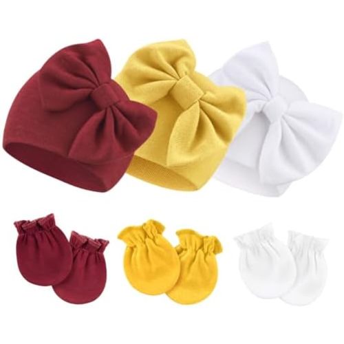 Newborn Baby Hats and Mittens Set Infant Bow Beanie Cap Toddler Gloves Newborn Hospital Hats for Baby Boy Girl Kid 0-6 Months
