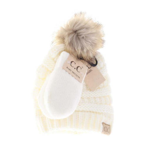 BABY Solid Knit Faux Fur Pom C.C Beanie with Mitten SET BABYSET3 – ccbeanie.com