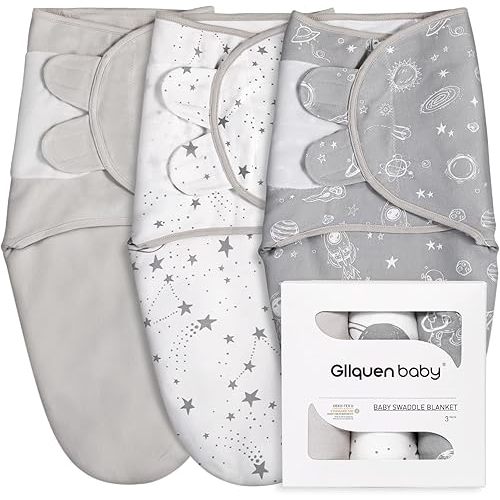 GLLQUEN BABY Organic Newborn Swaddles Sleep Sack, Swaddle Blankets for Baby Boy, 3 Pack Adjustable Wrap Set, Gray Starry Sky & Astronaut, 0-3 Months (Small/Medium)