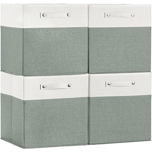 Large Foldable Cube Storage Bins, 13x13x13 Inch With Handles Coarse Linen Fabric Storage Box, Basket For Organizing Shelves, Home Cabinets and Office, 4 Packs (White and Green)