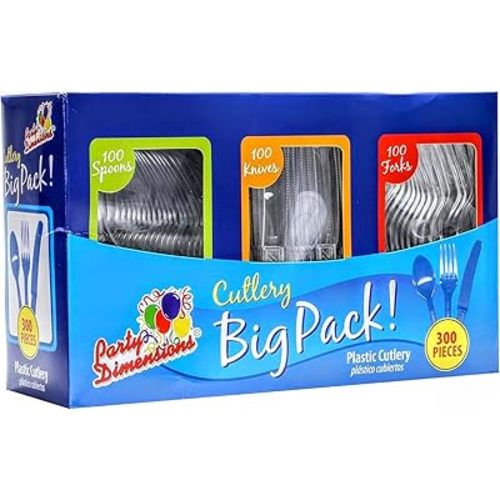 Party Dimensions 300 Count Plastic Cutlery Combo Box, Disposable Clear Plastic Silverware Utensils Set