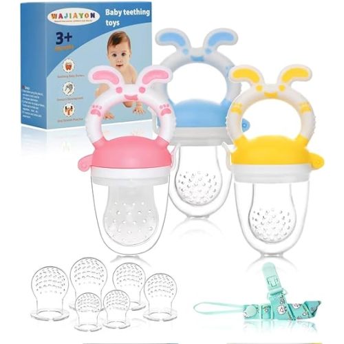 WAJIAYON Baby Fruit Feeder/Food Feeder Pacifier (3 Pack)- Infant Teething Toys | Fruit Pacifier Feeder | Silicone Teether Feeder Baby | Baby Feeding Essentials | Food Pacifier for Babies - Blush