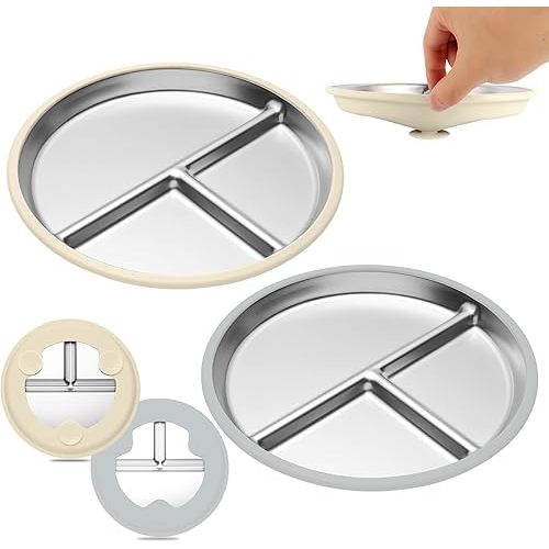 2-Pack Stainless Steel Baby Plates with Suction - Stainless Steel Toddler Plates with 9-Inch Divided Design, Non-Toxic BPA-Free, Silicone Base Metal Kids Plates Dishwasher Safe