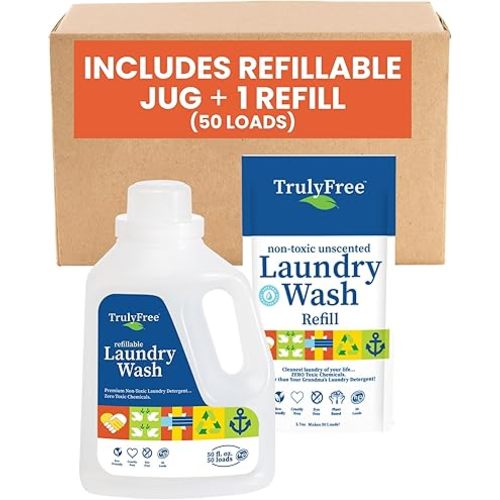 Truly Free Laundry Wash Detergent for Sensitive Skin, Gentle & Safe for Baby Clothes | Plant-Based, Natural Ingredients | Unscented | Include 1 Refillable Bottle (50 Loads)