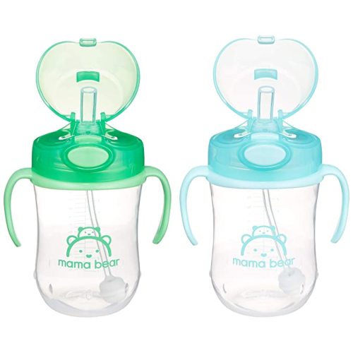 Amazon Brand - Mama Bear Silicone Weighted Straw Sippy Cup, Pack of 2, Blue/Green