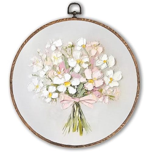 Coquette Pink Bow Floral Bouquet Round Wall Art Framed, White Floral Round Wall Decor, Vintage Flower Hanging Canvas Prints Wall Sculptures for Home Bedroom Living Room Decor, 10x10 Inch