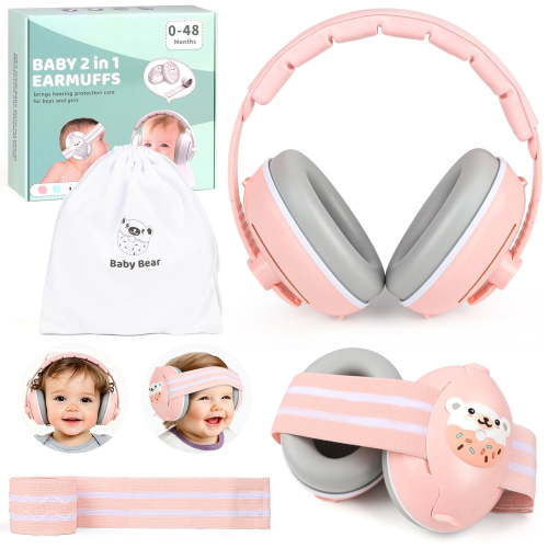 UQN 2-in-1 Baby Ear Muffs Noise Protection,Noise Canceling Headphones for kids 0-36 Months, Infant Ear Protection for Plane & Sleep, Adjustable Headband - Pink