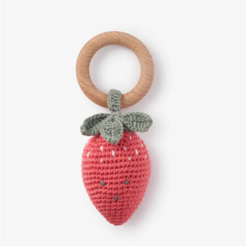 Scarlett the Strawberry Hand-Crocheted Wood Ring Rattle – Elegant Baby
