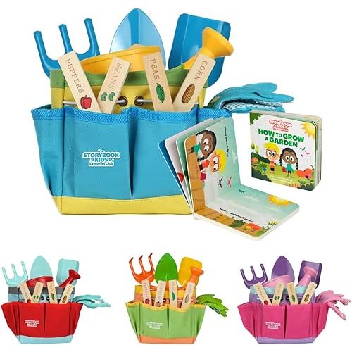 Blue Kids Gardening Tools - Includes Sturdy Tote Bag, Watering Can, Gloves, Shovels, Rake, and Delightful Children's Book - Kids Garden Tool Set -Easter Gifts for Toddler Age on up.