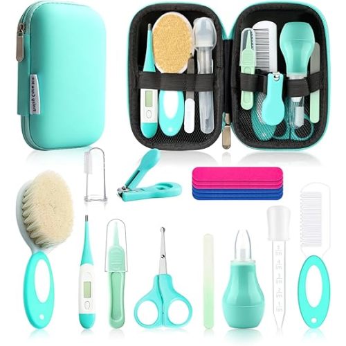 Baby Healthcare and Grooming Kit, Baby Safety Set Newborn Nursery Health Care Set with Hair Brush Scale Measuring Spoon Nail Clippers (17pcs, Green)