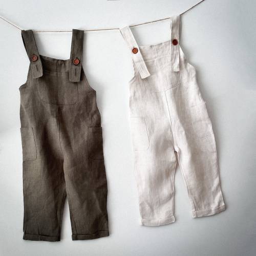 Stone Washed Linen Overalls / Dungarees in Deep Olive & Natural Childrens Boys Girls Pocket Overalls Size 6 months to 5-7 Years