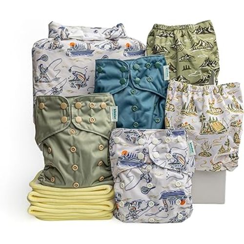 Kinder Cloth Diapers Reusable Baby Diapers Pocket Style Athletic Wicking Jersey, Bamboo Viscose Inserts, Wet Bag, Newborn to Potty Training 7-60lbs, One Size (Great Outdoors, 5 Pack, with Inserts)