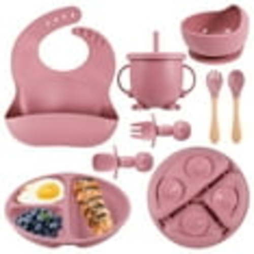 HEQUSIGNS Silicone Baby Feeding Set, 8 Piece Baby Led Weaning Utensils Set, Baby Plates and Bowl Set, Baby Spoon and Fork, Sippy Cup with Straw, Baby Feeding Supplies Set