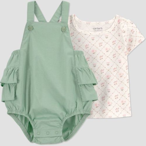 Carter's Just One You® Baby Girls' 2pc Floral Ruffle Overalls Set - Green Newborn