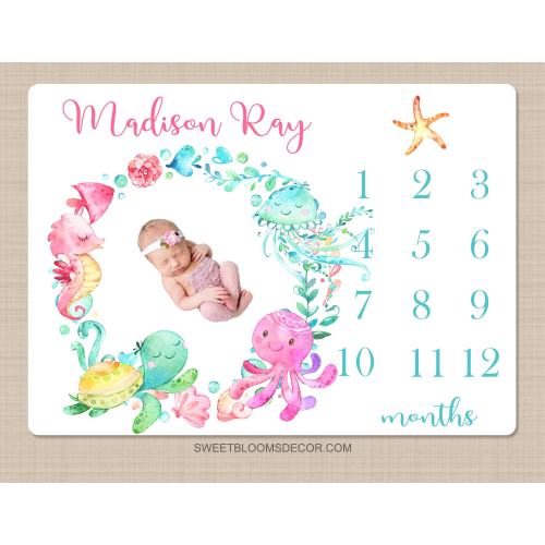 Sea Animals Milestone Blanket Monthly, Ocean Sea Turtle Ocean Octopus Sea Horse Jelly Fish Baby Shower Gift Monthly Baby Blanket B1478