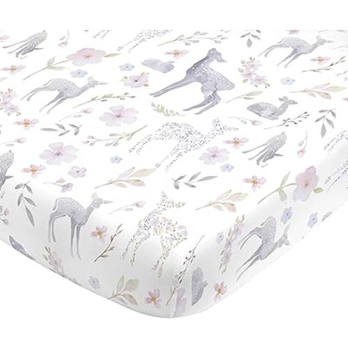 NoJo Super Soft Floral Deer Nursery Crib Fitted Sheet, Grey, Light Blue, Pink, White 1 Count (Pack of 1)