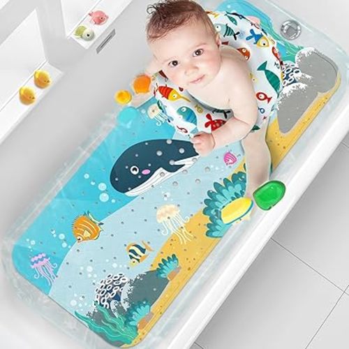 XIYUNTE Baby Bath Mat for Tub Non Slip, 40''x16'' Extra Long Bathtub Mat Non Slip Kids Bath Mat, Safety Kids Bath Tub Mat with Suction Cups and Drain Holes, Machine Washable, Whale
