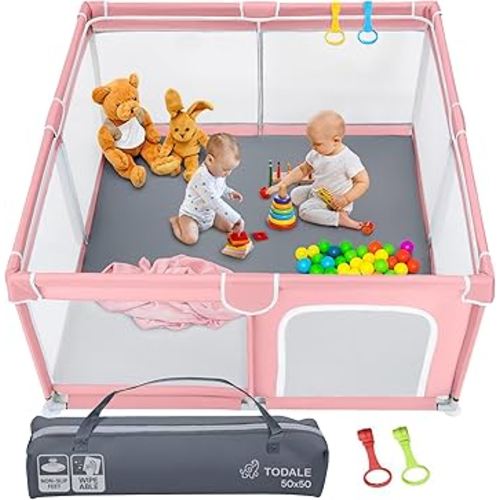 Todale Play Pen - 50 x 50 x 27 in, Pink - Baby Playpen Play Yard with Breathable Mesh & Anti-Slip Base - Portable Crib & Foldable Playpen for Babies & Toddlers