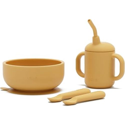 Lalo First Bites Silicone Baby Feeding Set - Baby Led Weaning Supplies - Non-Toxic Silicone - Includes 2 Spoons, Training Cup, & Suction Bowl - 4 Pieces - Honey