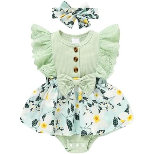 Sinhoon Baby Girl Clothes Newborn Ruffled Sleeveless Romper Floral Dreesy Bodysuit Heaedband 3pcs Baby Girl Summer Clothes