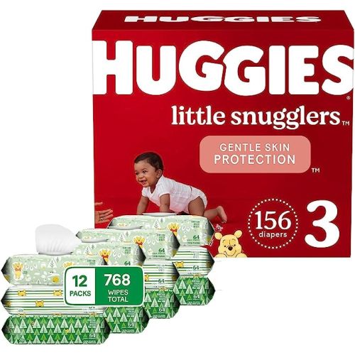 Huggies Little Snugglers Diapers and Wipes Bundle: Huggies Little Snugglers Size 3 Baby Diaper, 156ct & Huggies Natural Care Sensitive Wipes, Unscented, 12 Packs (768 Wipes Total) (Packaging May Vary) - Size 3 (156 count) + Wipes