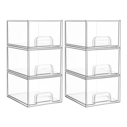 Vtopmart 6 Pack Clear Stackable Storage Drawers, 4.4'' Tall Acrylic Bathroom Makeup Organizer,Plastic Storage Bins For Vanity, Undersink, Kitchen Cabinets, Pantry, Home Organization and Storage