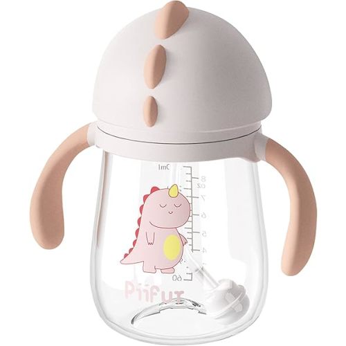 Piifur Baby Cup with Straw 12-18 months, Weighted ball Sippy cup for Toddlers with Handle, Water Bottle for Kids 8 Ounce (Pink)