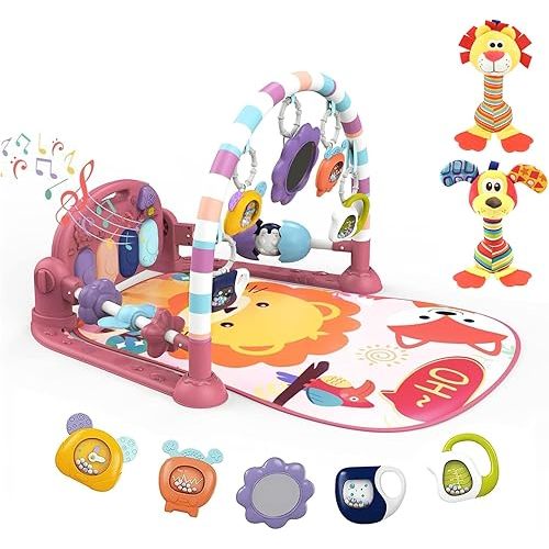 dearlomum Baby Play Mat Baby Gym,Funny Play Piano Tummy Time Baby Activity Gym Mat with 5 Infant Sensory Baby Toys and 2 Baby Soft Rattles, Boy & Girl Gifts for Newborn 0 to 3 6 9 12 Months(Pink)