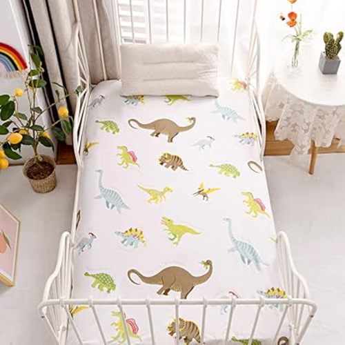 NATURETY Bedding Fitted Sheet with Deep Pocket,Dino Printed Fabric Bed Sheets,Soft Dino Pattern Sheets for Kids Twin Size Bed (White(Dinosaur), Twin)