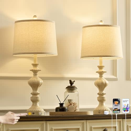 SAIWEYA 27.5" Farmhouse Table Lamps Set of 2 Bedside Nightstand Lamp with USB C+A Ports & AC Outlet, 3 Way Dimmable Touch Lamps for Bedroom Living Room Office Hallway Rustic Traditional Lamp