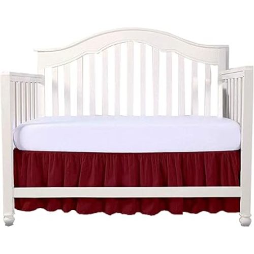 Crib Bed Skirt 28” x 52” with 14” Drop – Split Corners Dust Ruffle, Microfiber - Breathable, Durable, Elastic Adjustable Fit, Soft Nursery Bedding for Baby Boys & Girls, Burgundy Solid