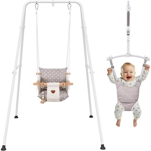 2 in 1 Baby Jumper & Swing, Baby Jumper for Indoor and Outdoor Use, Baby Swing with Foldable Stand, Stable Toddler Swing Set(White)