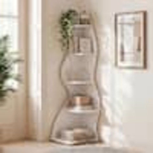 BYBLIGHT Eulas 69.8 in. Tall White Wood 5-Shelf Standard Bookcase Corner Bookshelf with Storage Shelf and Curvy Sha BB-J0276ZHY