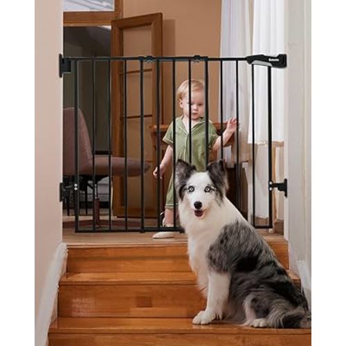 Babelio 26-43" No Bottom Bar Baby Gate for Babies, Elders and Pets, 2-in-1 Hardware Mount Dog Gate for The House, Stairs and Doorways, with Large Walk Thru Door, Black