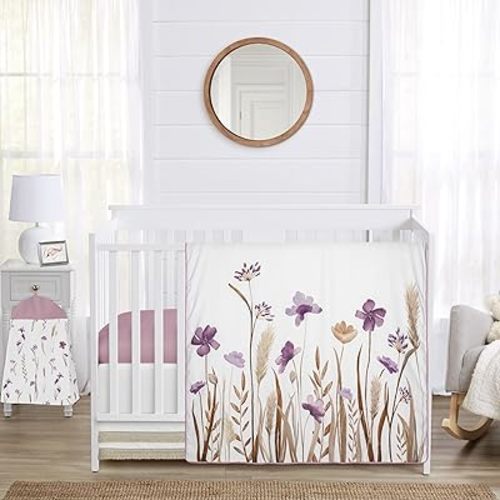 Sweet Jojo Designs 4-Piece Baby Crib Bedding Set (Purple Boho Floral) for Girls, Infants/Nursery incl. Blanket, Fitted Sheet, Skirt, Diaper Stacker (Vintage, Wildflower Garden, Bohemian, Farmhouse)