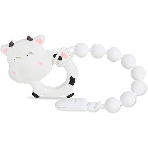 Baby Teething Toys,Food Grade Silicone Teether with One-Piece Pacifier Clip Holder,Shower Gift,Highly Effective Pain Relief for 3 Months+ Boy and Girl,BPA Free,Freezer Safe. (White Cow)