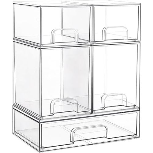 Vtopmart Stackable Storage Drawers Set of 5, Clear Plastic Organizer Bins for Baby Bottle, Beauty Supplies Storage, Ideal for Kichen Countertop, Vanity, Bathroom, Cabinet, Pantry Organization