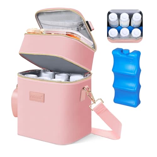 PIIOSER Breastmilk Cooler Bag with Ice Pack Fits 6 Baby Bottles Up to 9 Ounce, Insulated Baby Bottle Tote Bags, Double Layer Waterproof Leak-Proof with Shoulder Strap for Nursing & Working Mom (Pink)