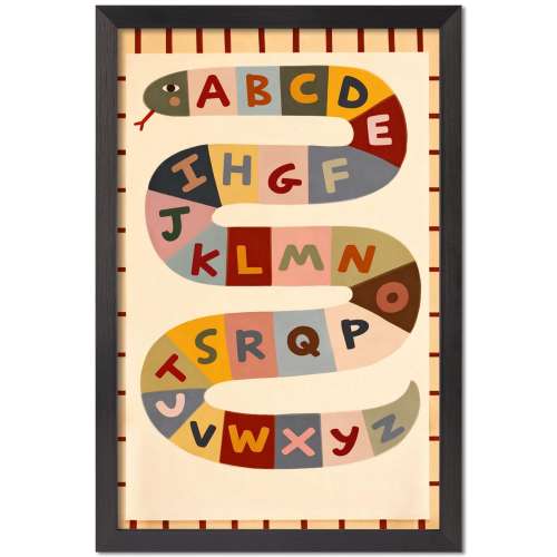 Alphabet Snake Print | Colorful ABC Poster, Nursery Decor (Black Framed)
