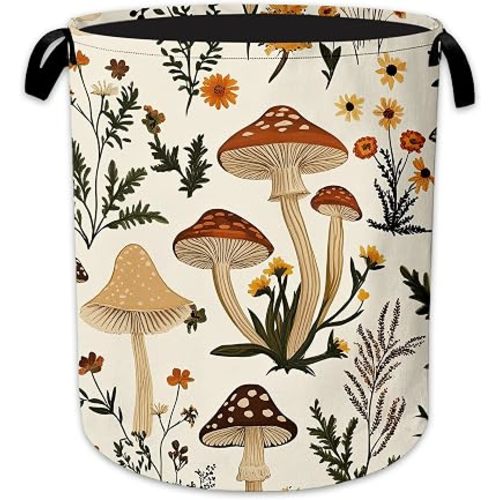 Mushroom Flower Laundry Basket, Foldable Oxford Cloth Botanical Garden Laundry Hamper with Handles, Tote Bag Clothes Storage Bucket for Laundry Room/Bathroom/Bedroom/Dormitories 20.8"x16"