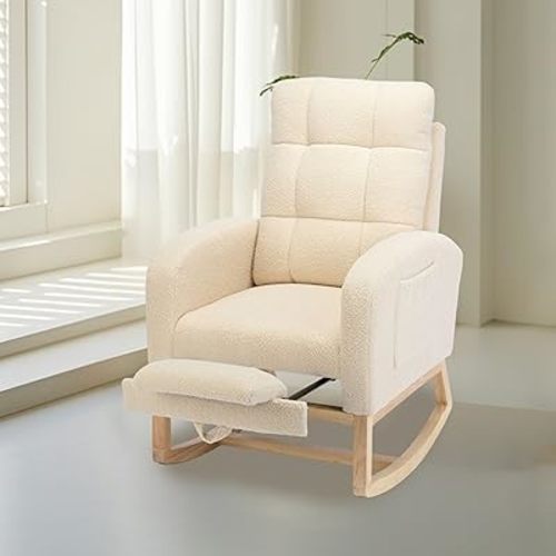 Nursery Rocking Chair with Adjustable Footrest for Living Room,Teddy Fabric Rocking Chair with Solid Wooden Legs,Comfortable Lounge Armchair with Side Pockets and High Backrest(Beige)