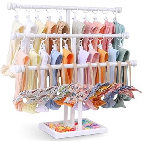 POVETIRE Headband Holder Stand Storage for Baby, 3 Tier Wooden Bow Organizer for Girls Hair Bows, Infant Hair Accessories Rack Display for Nursery Decor