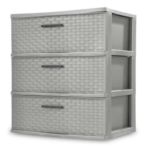 Sterilite Storage Drawer, 3 Drawer Plastic Weave Wide Tower with Pull Handles, Gray